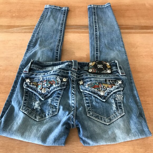 Miss Me Signature Cuffed Skinny Jeans Women 25 Blue Low Rise Aztec Patch Flap - Picture 1 of 16